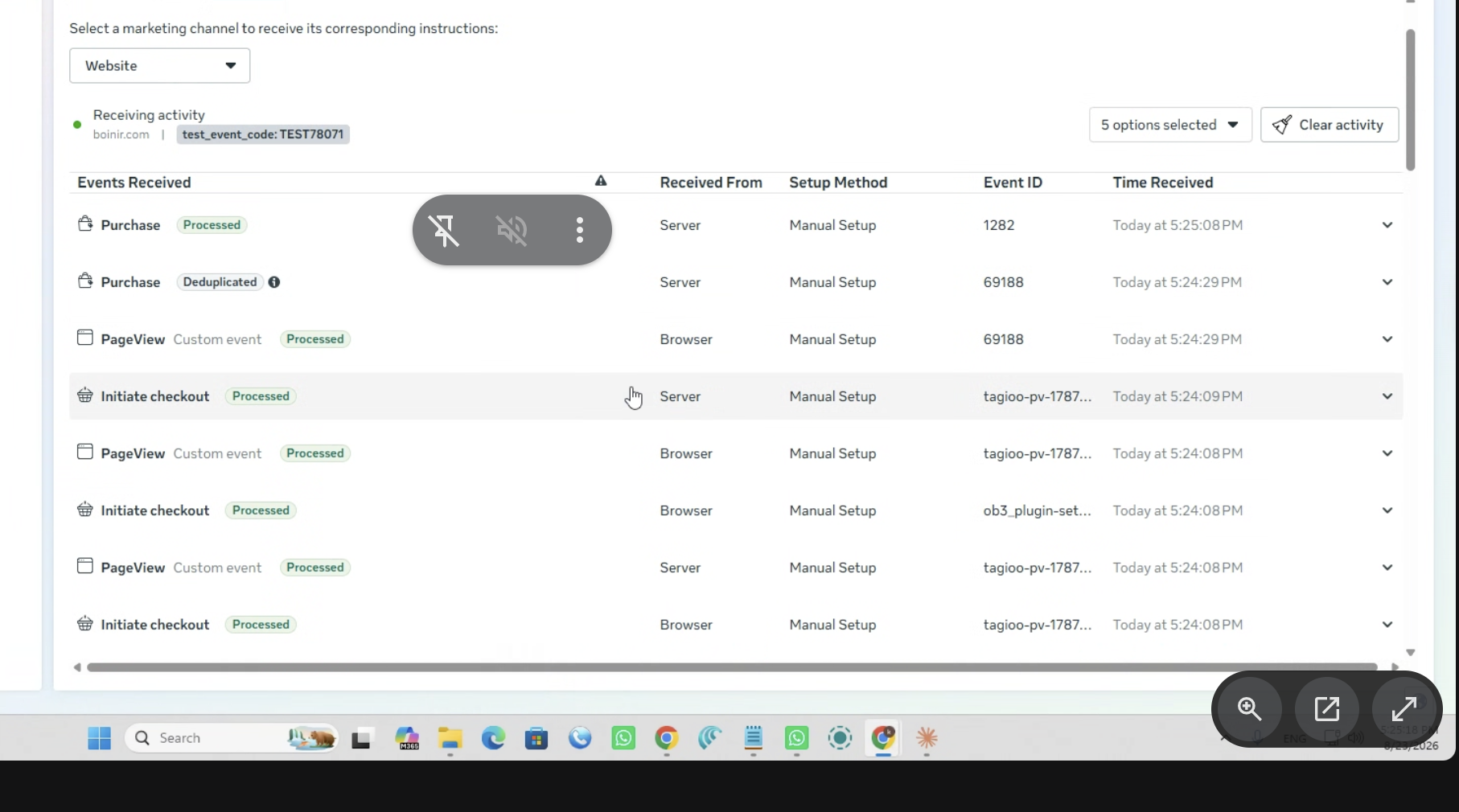 Meta Test Events displaying Browser and Server events with Event IDs