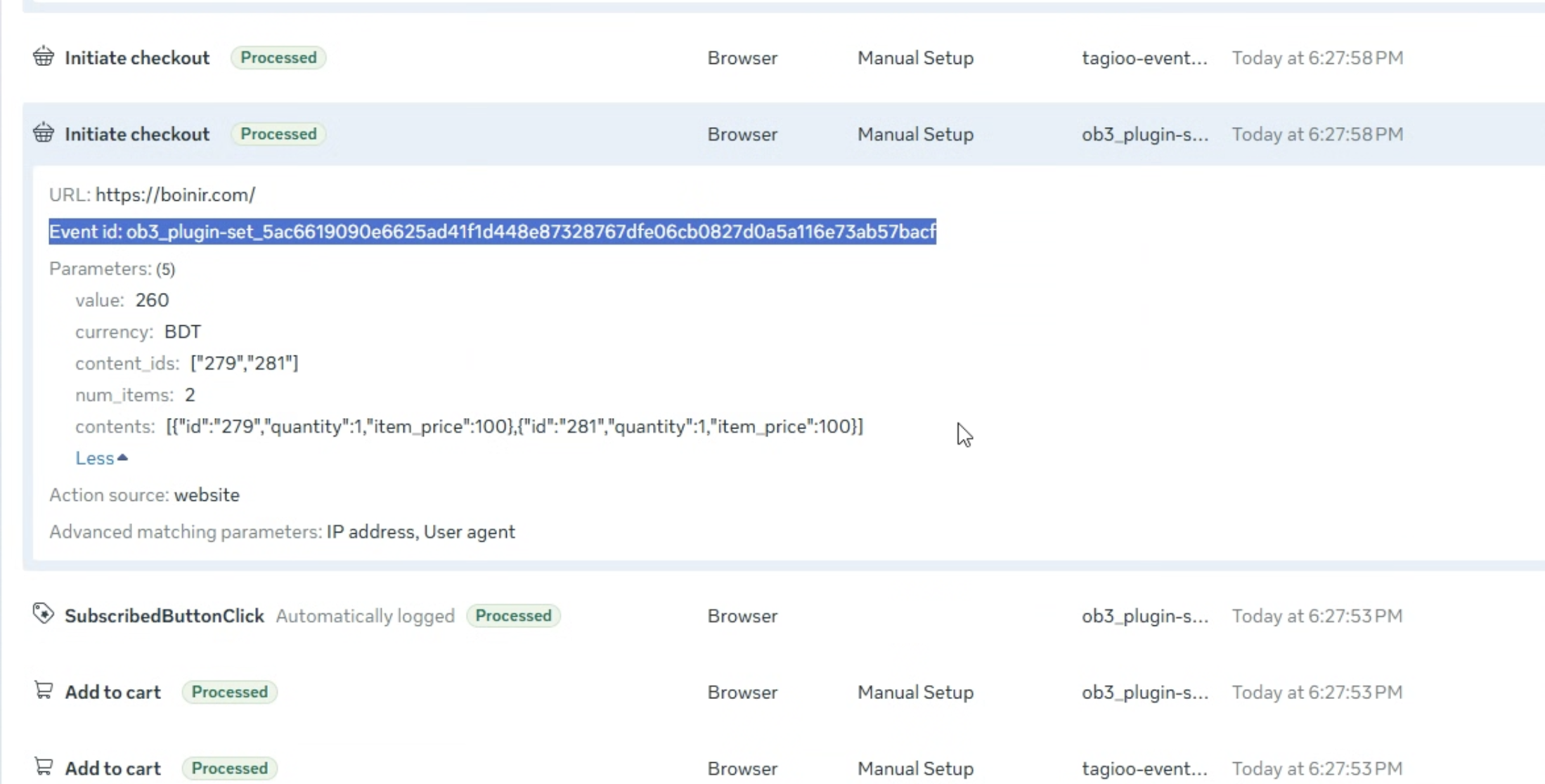 Meta event details showing an ob3_plugin-set Event ID from another website script